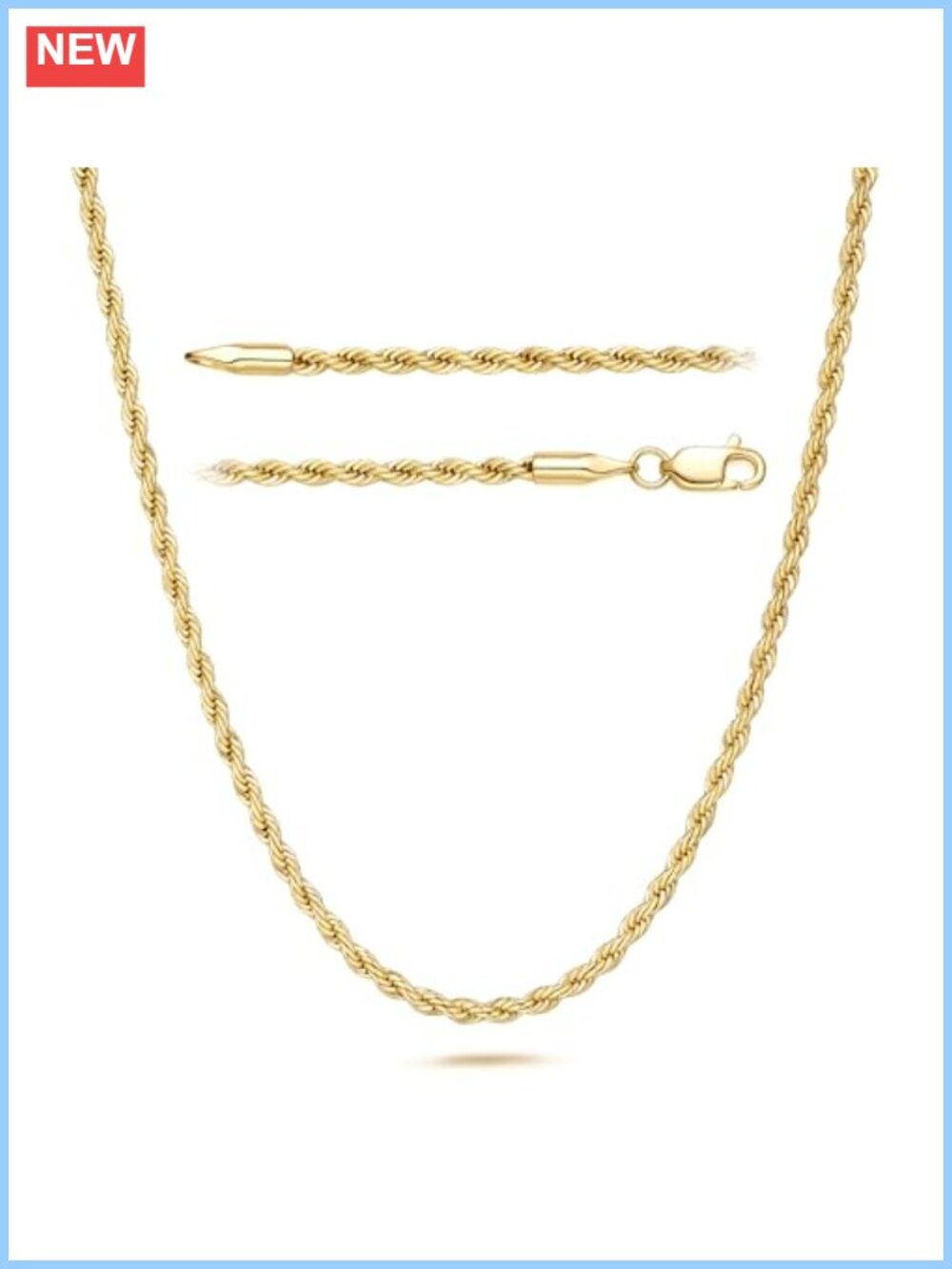 14K Gold Plated Rope Chain Necklace 16 Inch Lobster Clasp
